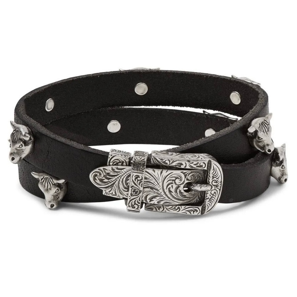 Gucci sterling silver anger forest bull head black leather choker/ double wrap - Picture 7 of 15